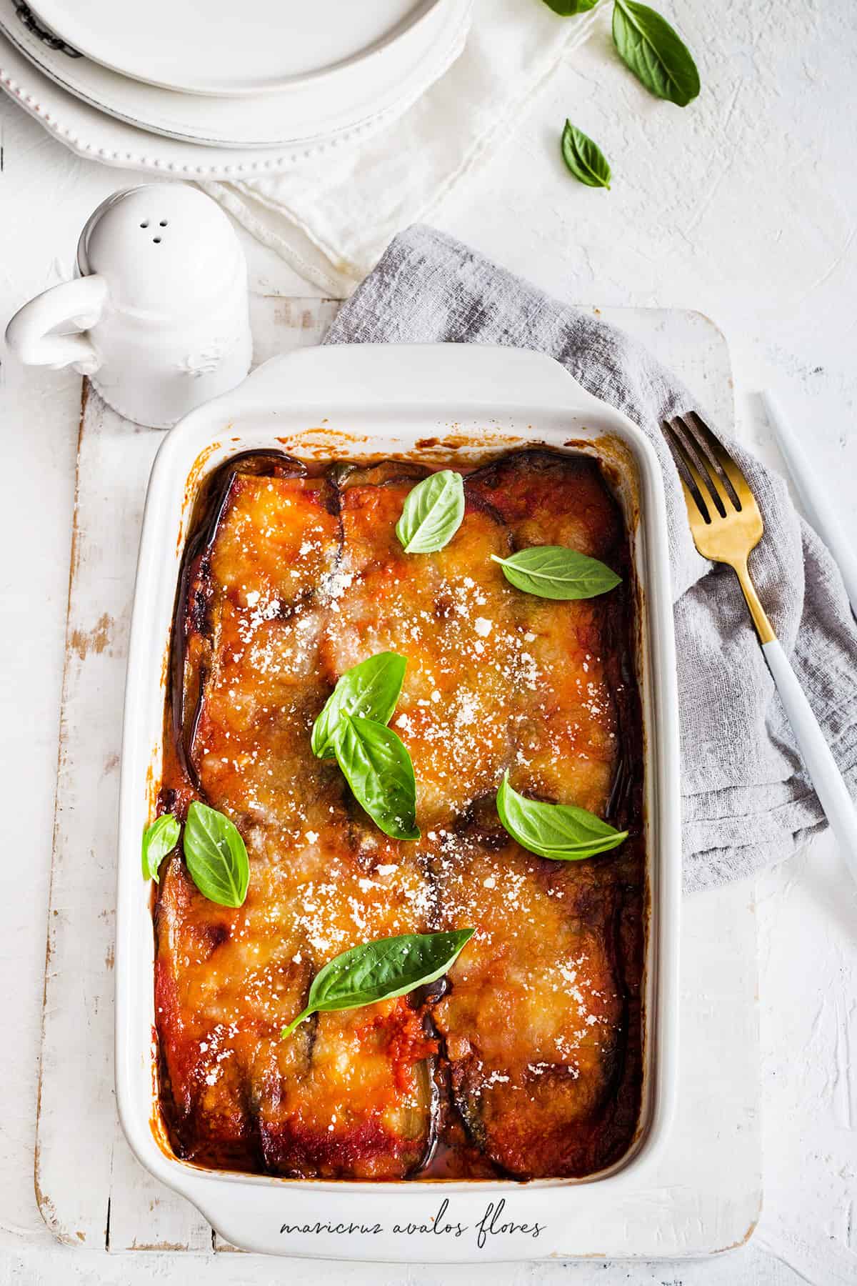 Melanzane alla Parmigiana in a baking dish. Seen from above.