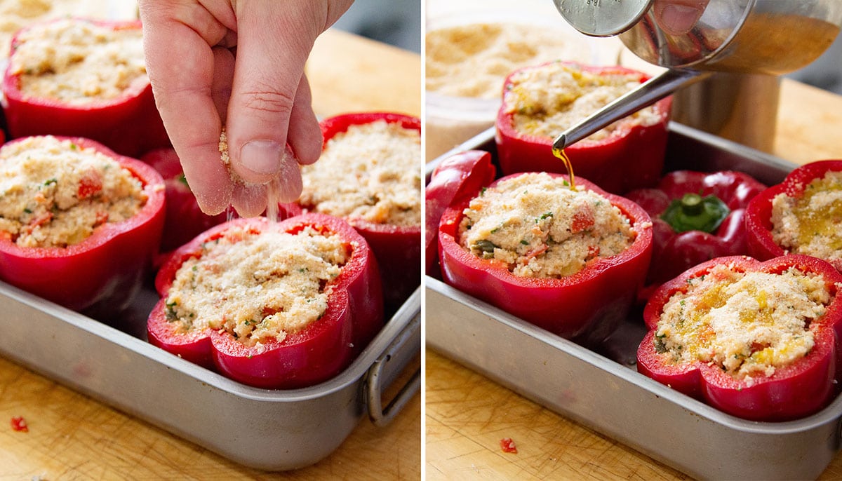 A collage with two photos of peppers being sprinkled with breadcrumbs and drizzled with olive oil.