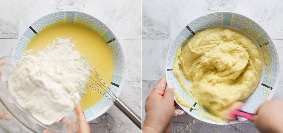 Collage with two photos of adding and incorporating flour into the ricotta mixture.