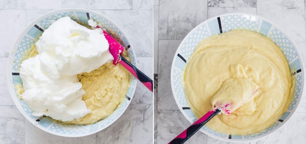 Collage with two steps of preparation of the batter for ricotta lemon cake.