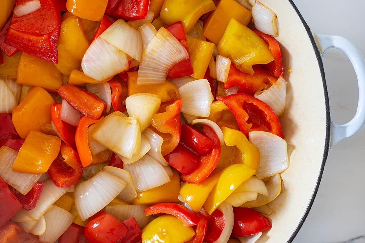 Peperonata preparation: The vegetables softened in the pan.