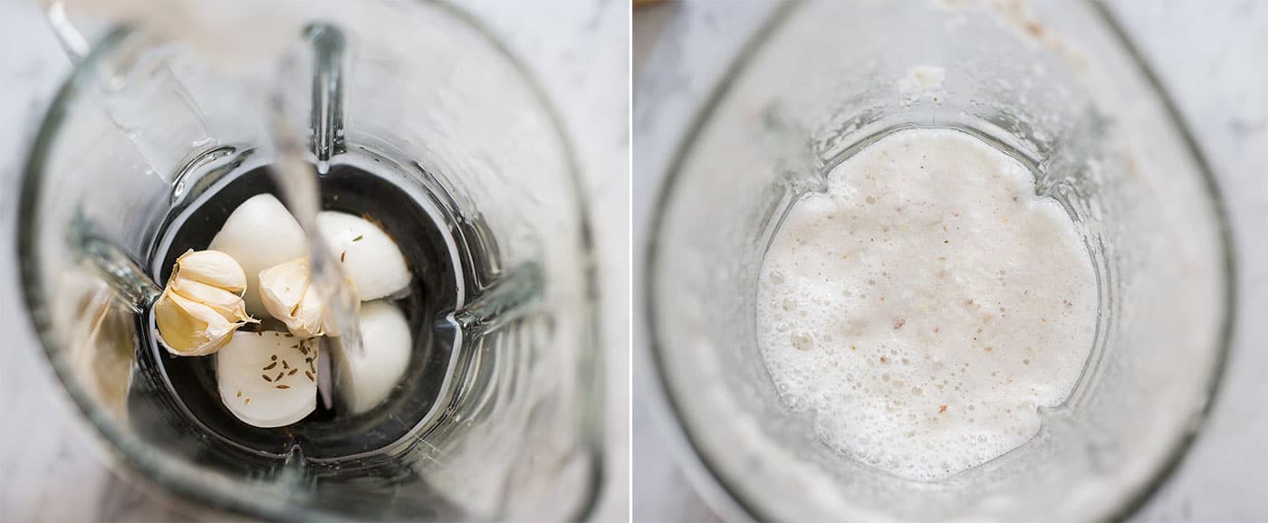 A collage with two photos of before and after making the recaudo for white pozole blanco.