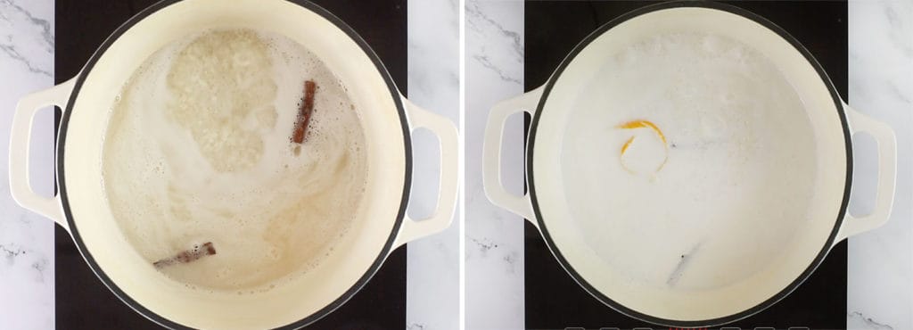 Arroz con leche cocinándose en una olla. Foto izquierda: Arroz con agua y canela, hirviendo. Foto derecha: Arroz con leche, cáscara de naranja y canela después de 10 minutos hirviendo.