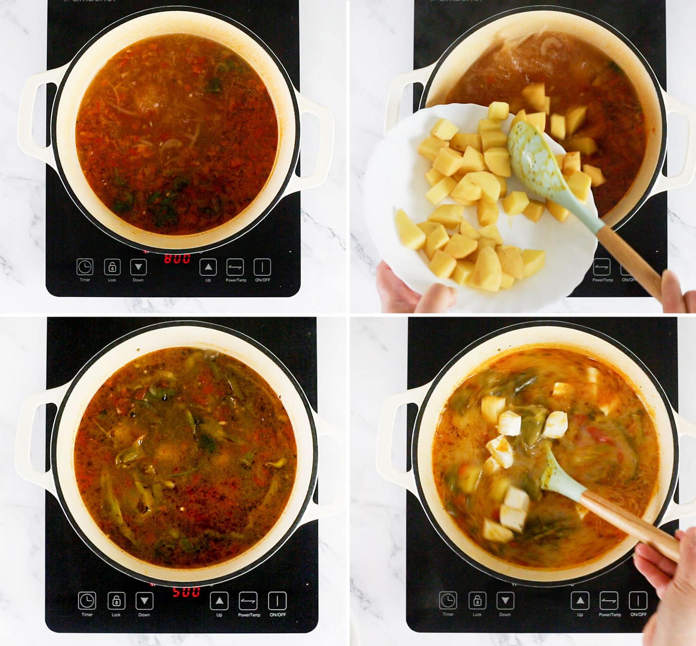A collage with 4 photos preparing caldo de queso.