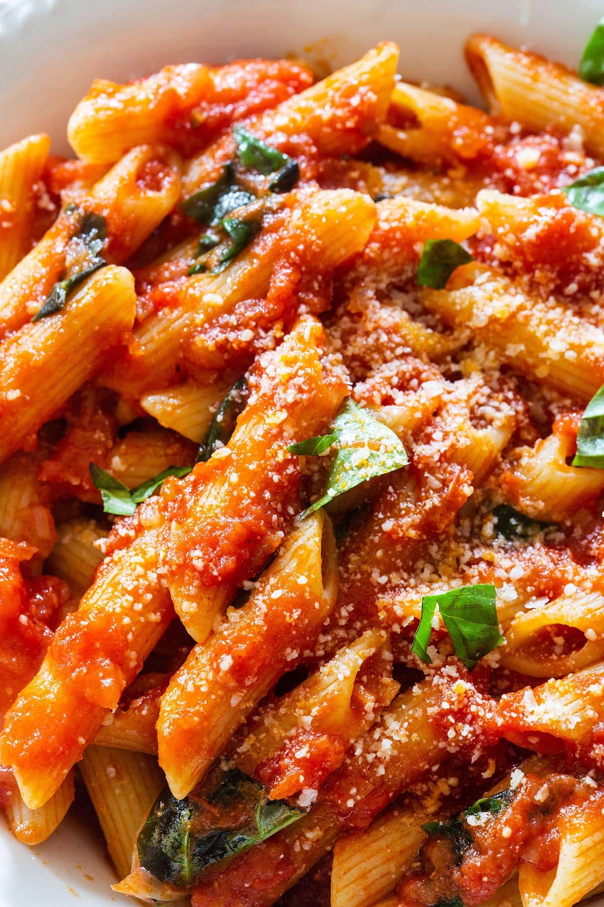 Close-up of penne pomodoro.