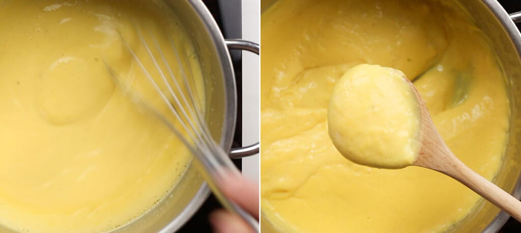 Cooking until the cream is think, showing the cream with a spoon.