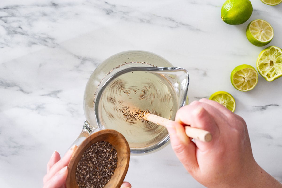 Stirring the chia seeds in the lime water.