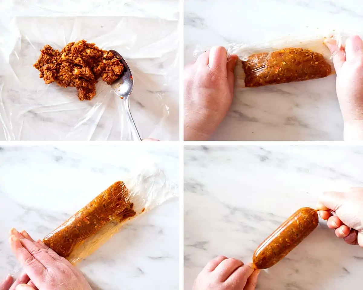 Collage de fotos sobre como preparar chorizo casero.