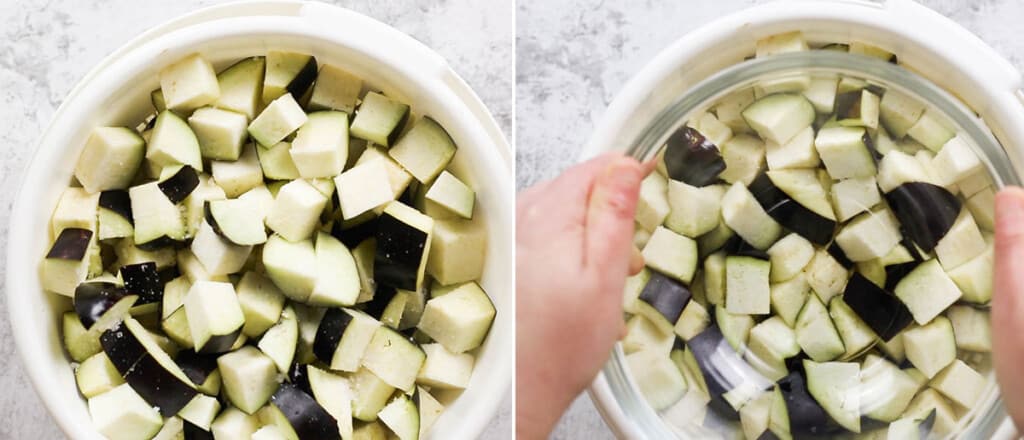 Eggplant cut into cubes and placed on a colander with salt.
