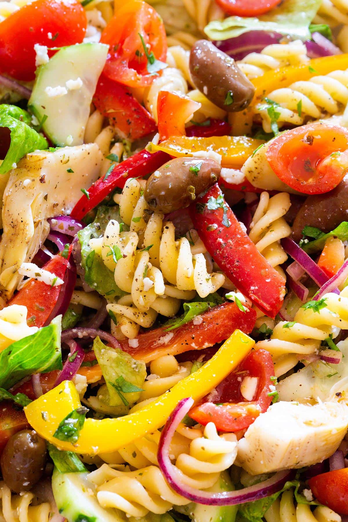 Close-up of zesty Italian pasta salad.