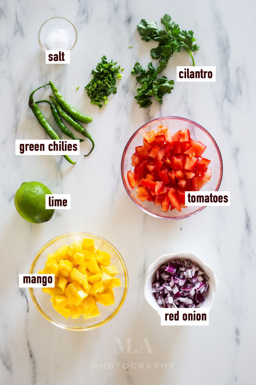 Ingredients for mango pico de gallo labeled and displayed on a marble surface.