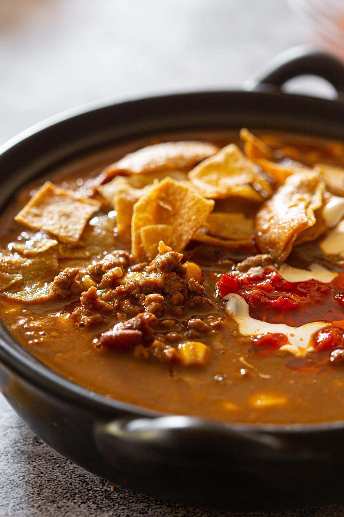 Close-up of beef enchilada soup.