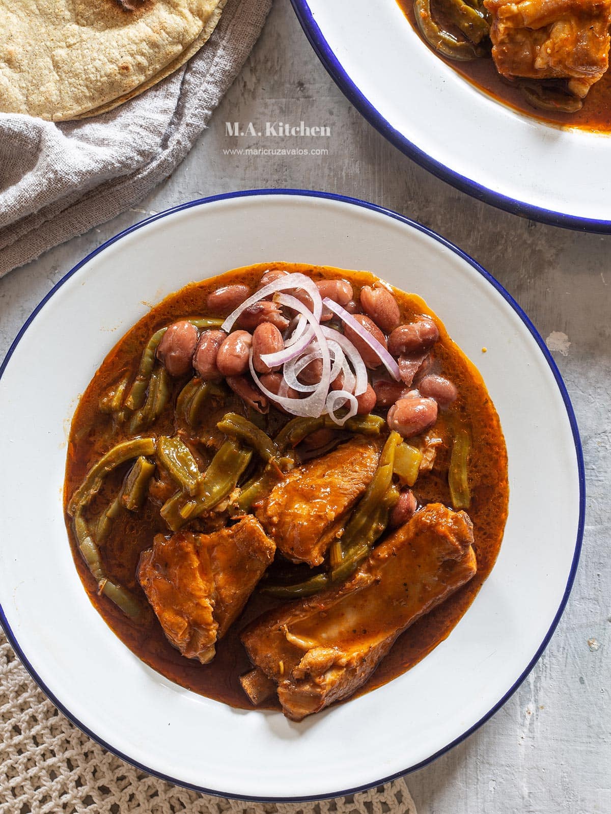 Carne de puerco con nopales in an enamel plate with beans and onions.