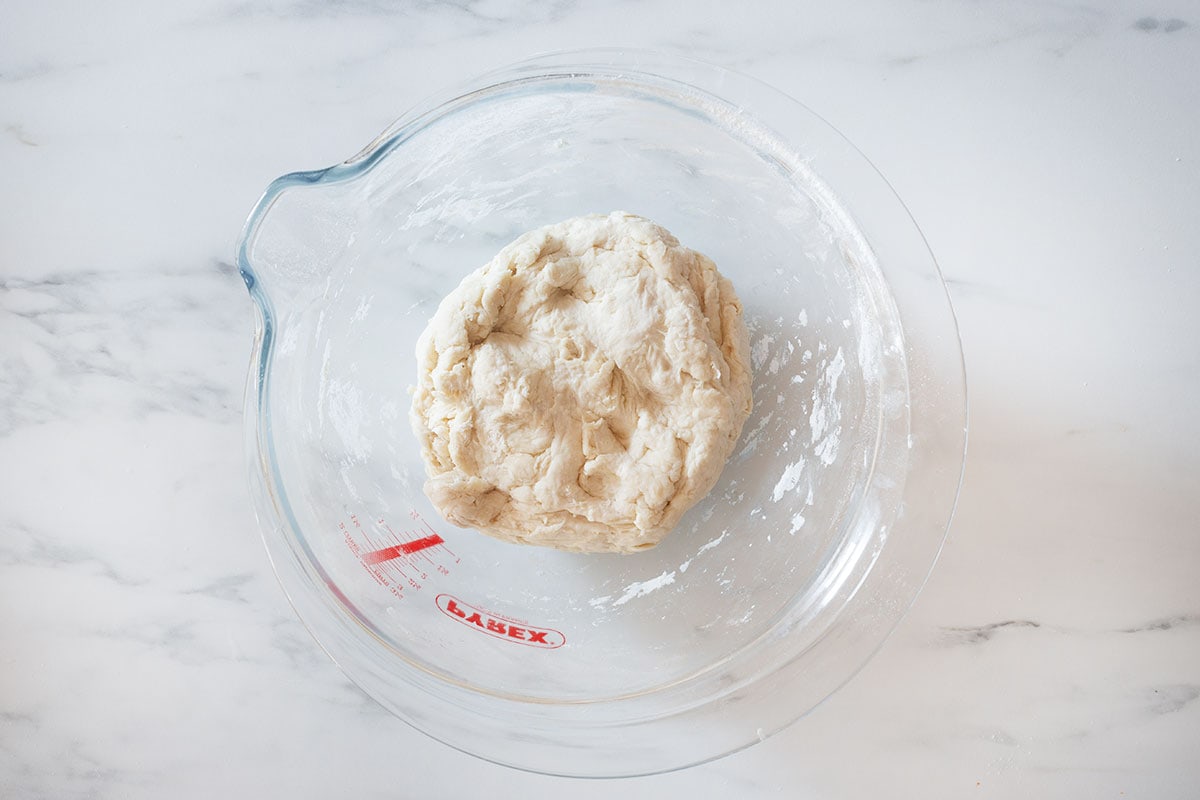 Lumpy dough in a bowl.