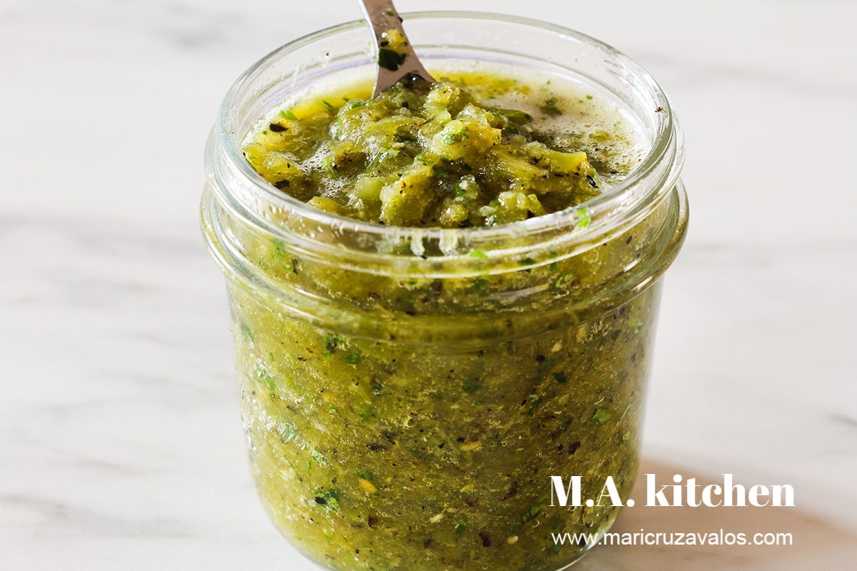 Salsa verde in a jar.
