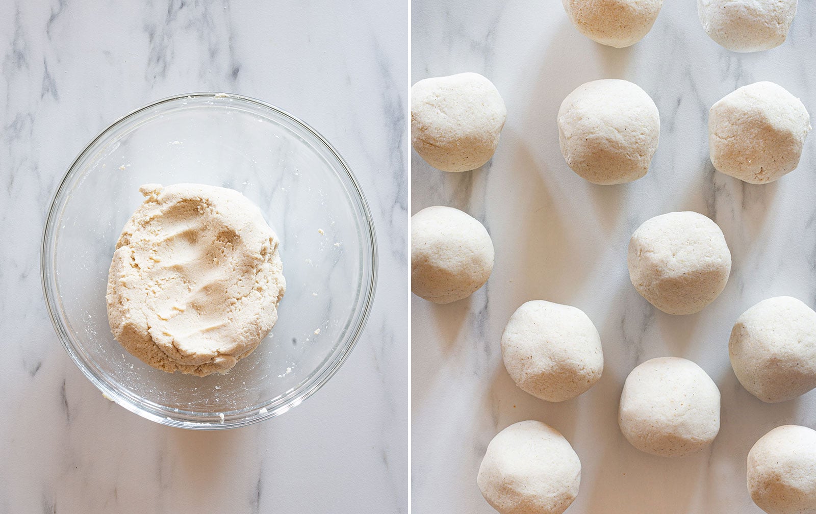 A collage with two photos of masa dough and formed balls.