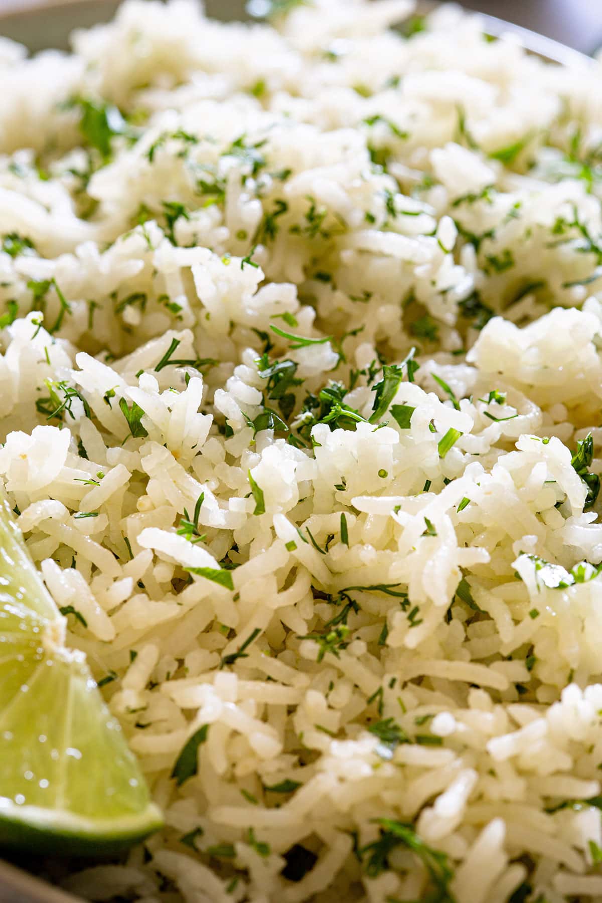 Close-up of cilantro lime rice in rice cooker.