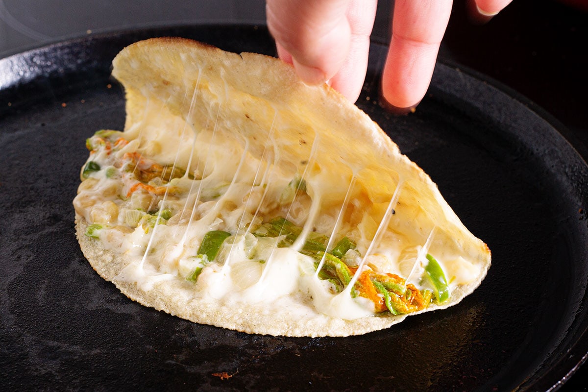 A quesadilla de flor de calabaza being opened to see the gooey cheese inside.