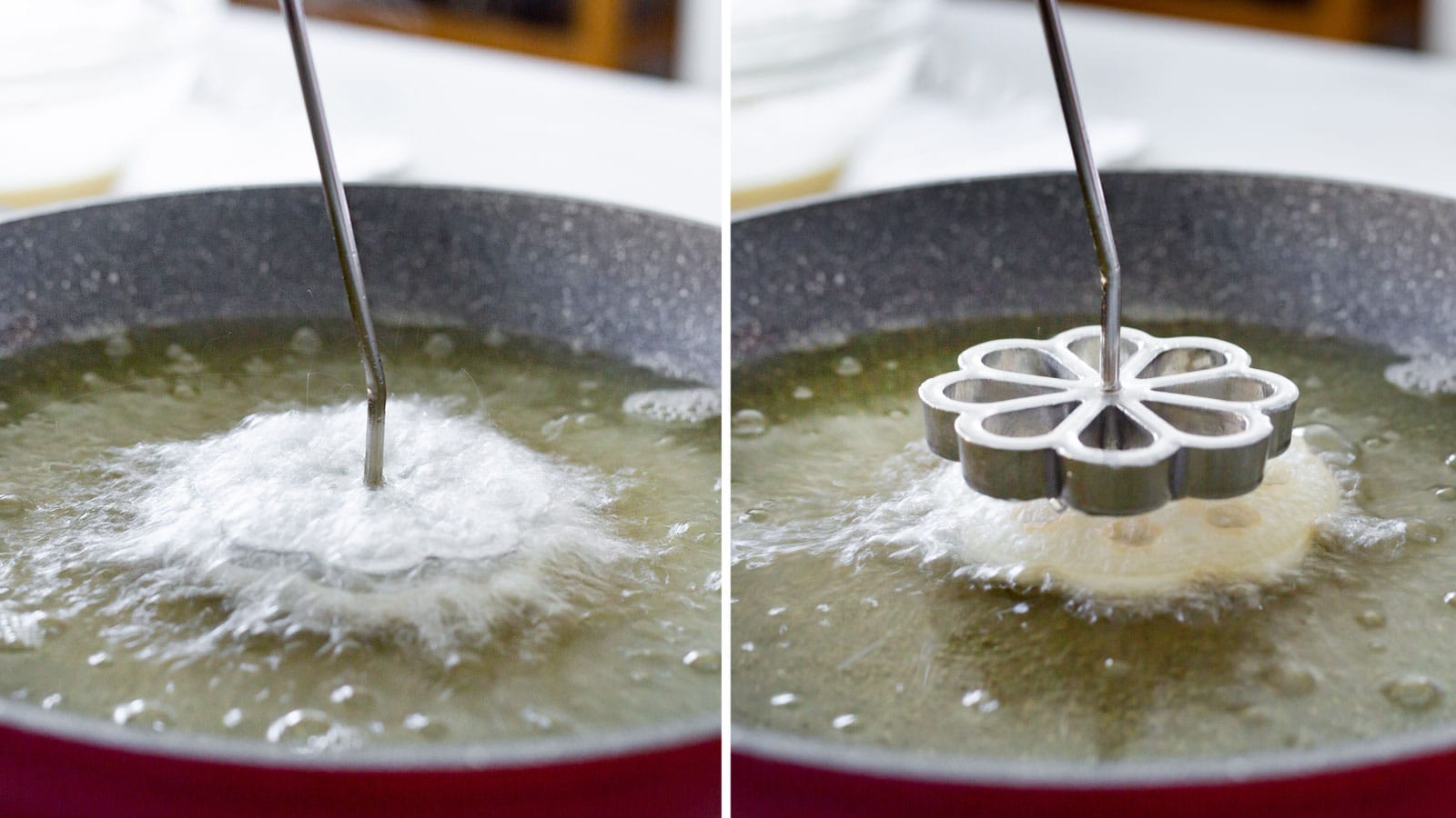 A collage with two photos of immersing the mold with batter into the oil and lifting it to detach the buñuelo.