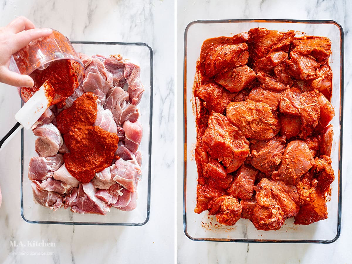 A collage with 2 photos of marinating pork meat with achiote paste to make cochinita pibil.