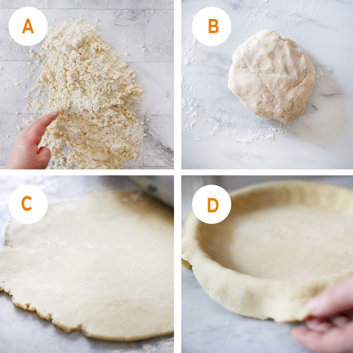 A collage with 4 steps showing how to prepare pay de calabaza dough.