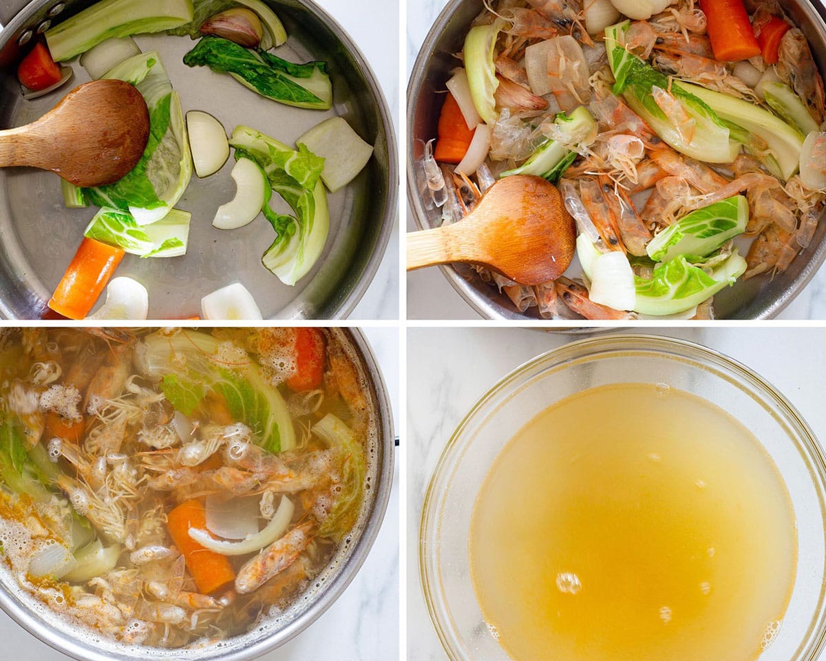 A collage with 4 fotos showing the steps to make camarones shrimp broth.