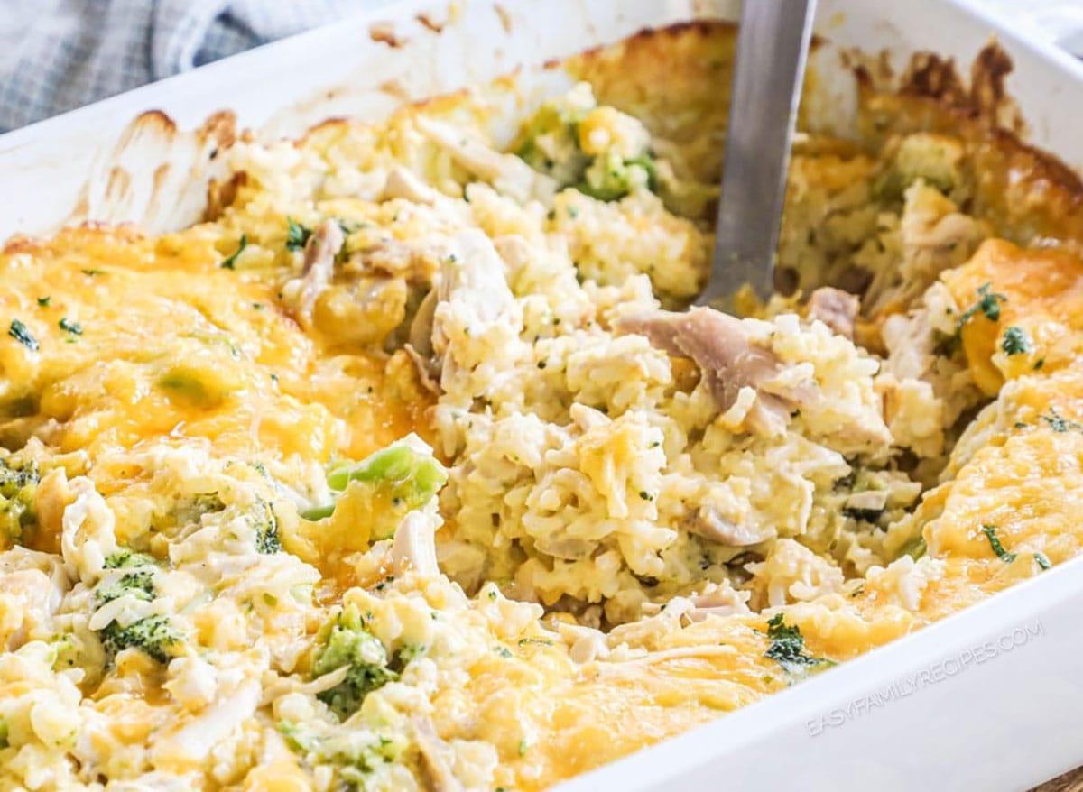 Close-up of broccoli chicken and rice casserole.