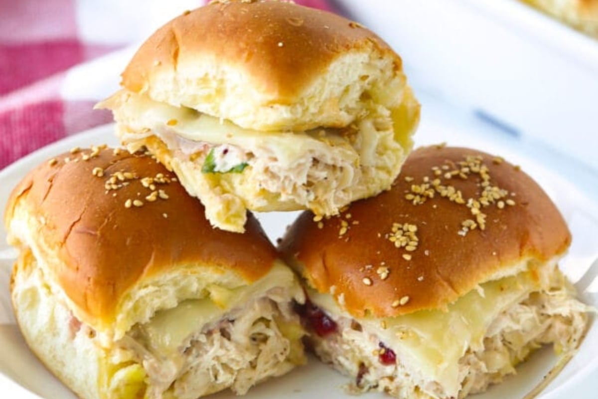 Stack of turkey and chicken cranberry sliders.