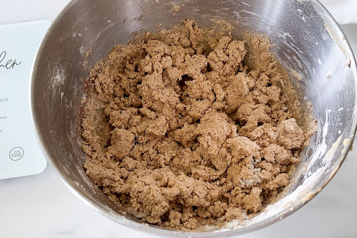 The ingredients combined forming a rough dough.